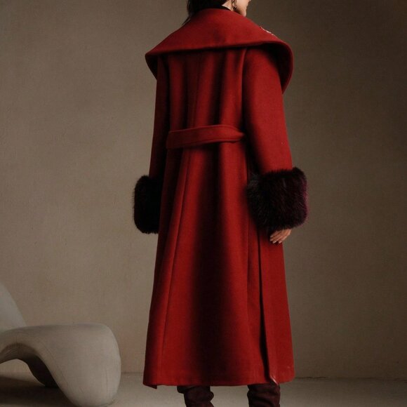 Burgundy Elegant Women's Embroidered Long Coat - Picture 2 of 8